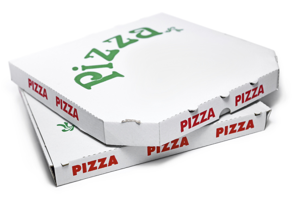 Weißer Karton mit grüner und roter Aufschrift: "Pizza".