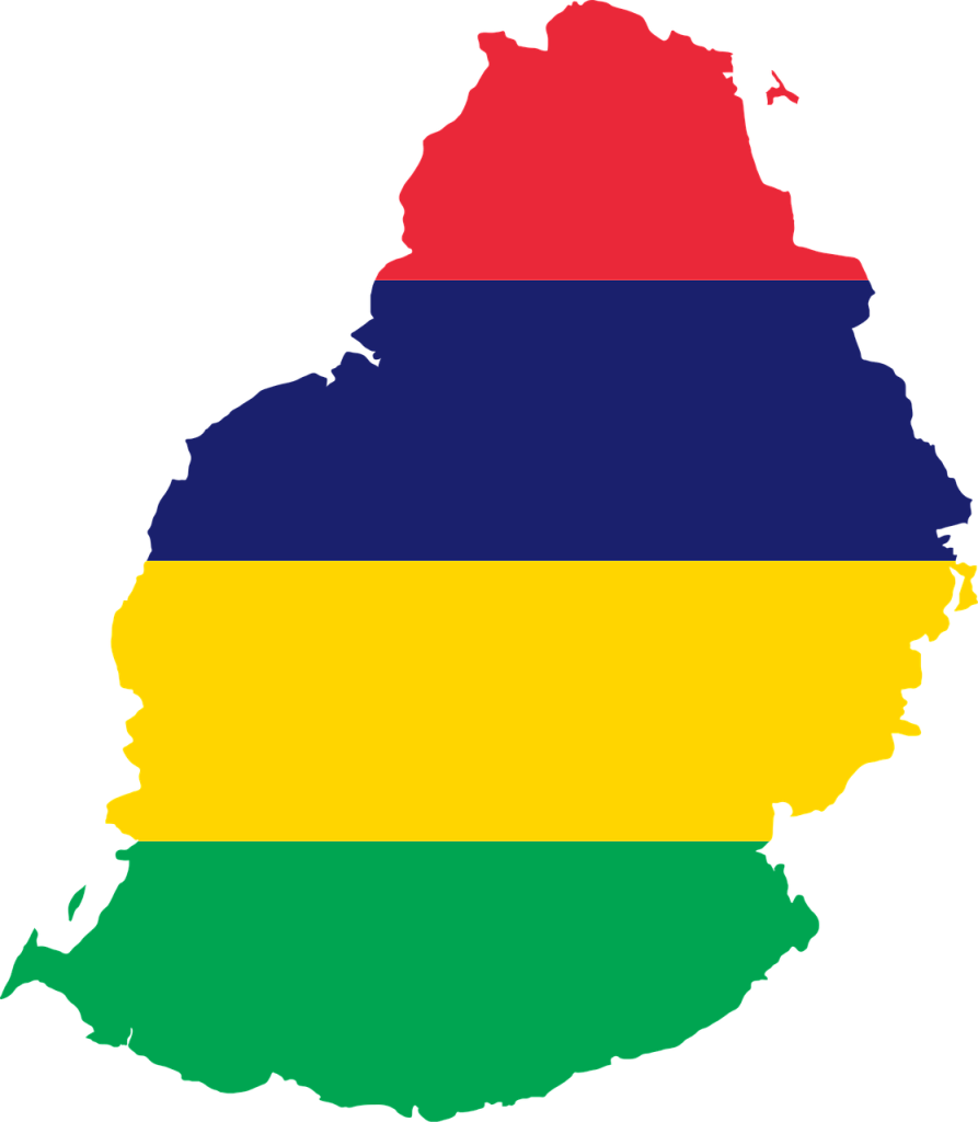 Geografische Umrisse von Mauritius in den Farben der Nationalflagge.
