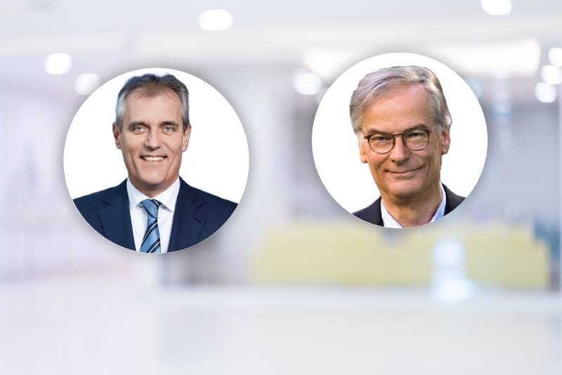 Dr. Rainer Seele (links) ist neuer Aufsichtsratsvorsitzender von Covestro und löst damit Dr. Richard Pott ab.